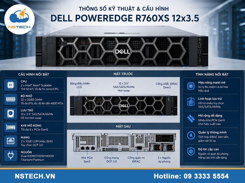 Thông số kỹ thuật & cấu hình Máy chủ Dell PowerEdge R760XS 12x3