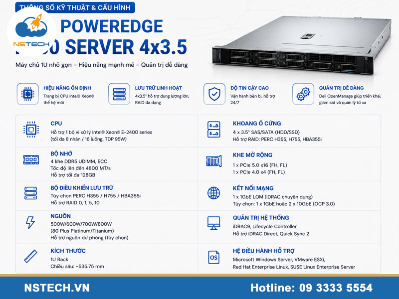 Thông số kỹ thuật & cấu hình Máy chủ Dell PowerEdge R360 Server 4x3