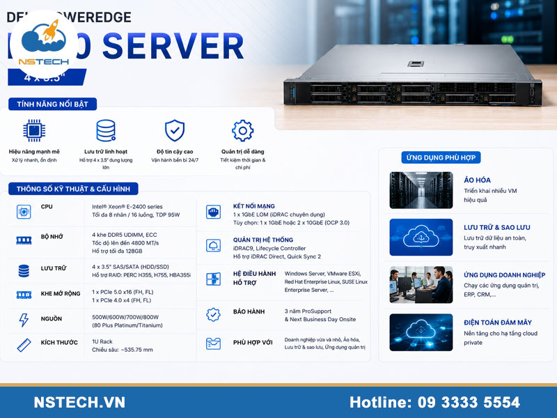 Thông số kỹ thuật & cấu hình Máy chủ Dell PowerEdge R360 Server 4x3