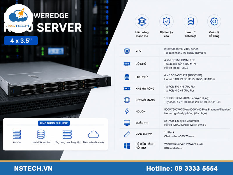 Thông số kỹ thuật & cấu hình máy chủ Dell PowerEdge R360 Server 4x3.5