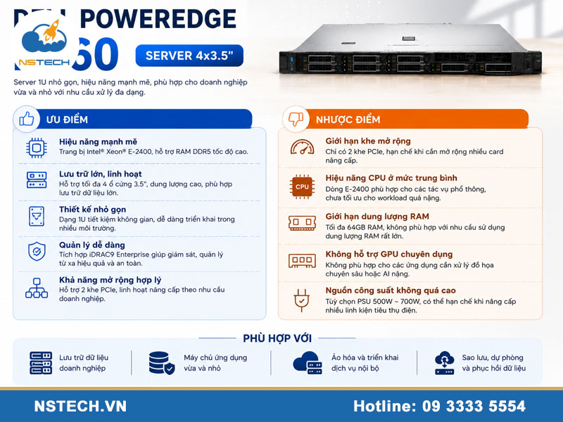 Ưu nhược điểm của Máy chủ Dell PowerEdge R360 Server 4x3