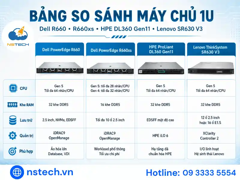 So sánh máy chủ Dell PowerEdge R660 Bảng so sánh Dell R660, R660xs, HPE DL360 Gen11 và Lenovo SR630 V3