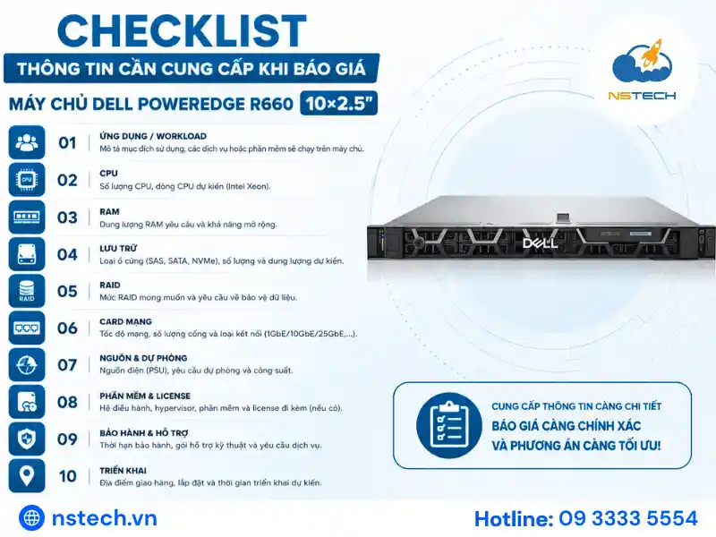 Giá Máy Chủ Dell PowerEdge R660 Bao Nhiêu? Checklist thông tin cần cung cấp khi báo giá Máy Chủ Dell PowerEdge R660 10×2.5″