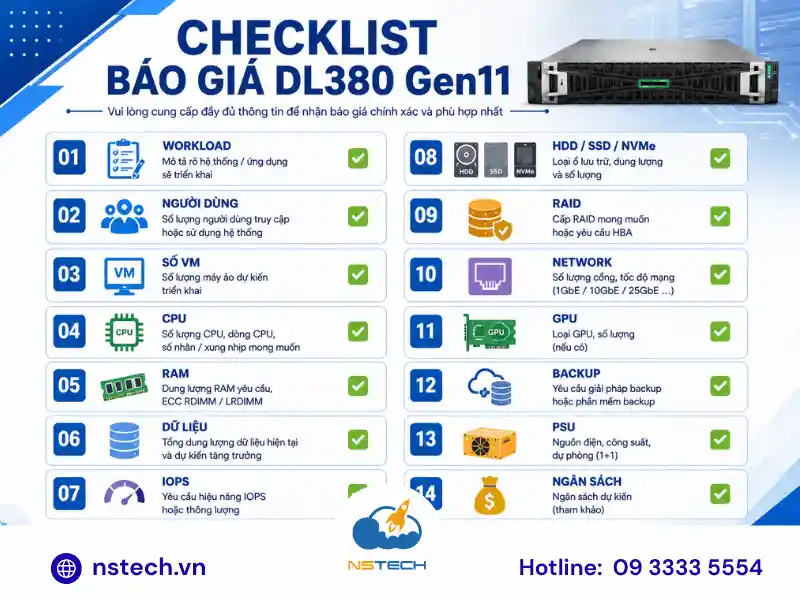 Giá Máy chủ HPE ProLiant DL380 Gen11 bao nhiêu Checklist thông tin cần cung cấp khi báo giá HPE ProLiant DL380 Gen11