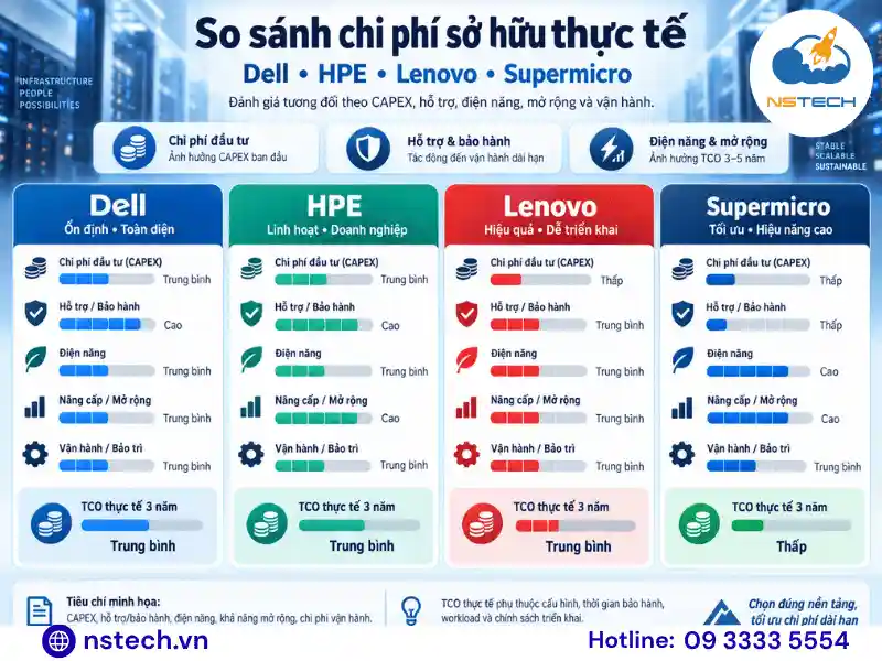 Máy chủ chính hãng 2026 so sánh chi phí sở hữu giữa Dell HPE Lenovo Supermicro Chi phí sở hữu thực tế máy chủ hiện nay