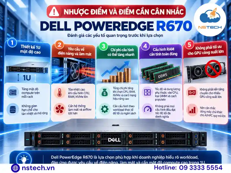 Ưu nhược điểm của Máy chủ Dell PowerEdge R670 Nhược điểm và điểm cần cân nhắc khi chọn Dell PowerEdge R670
