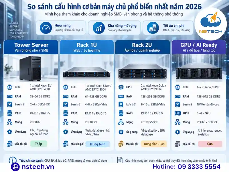 Máy chủ chính hãng 2026 so sánh chi phí sở hữu giữa Dell HPE Lenovo Supermicro So sánh cấu hình cơ bản máy chủ phổ biến nhất năm 2026