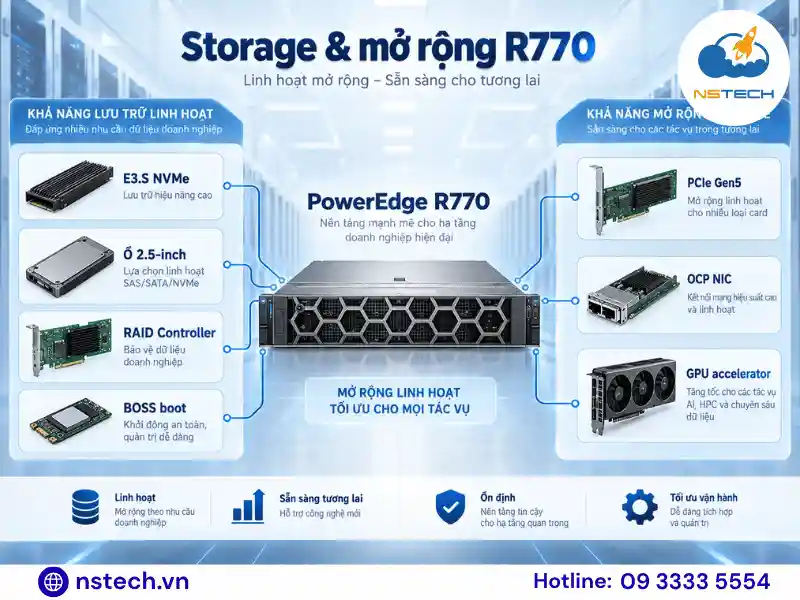 Khả năng mở rộng storage và PCIe Dell PowerEdge R770