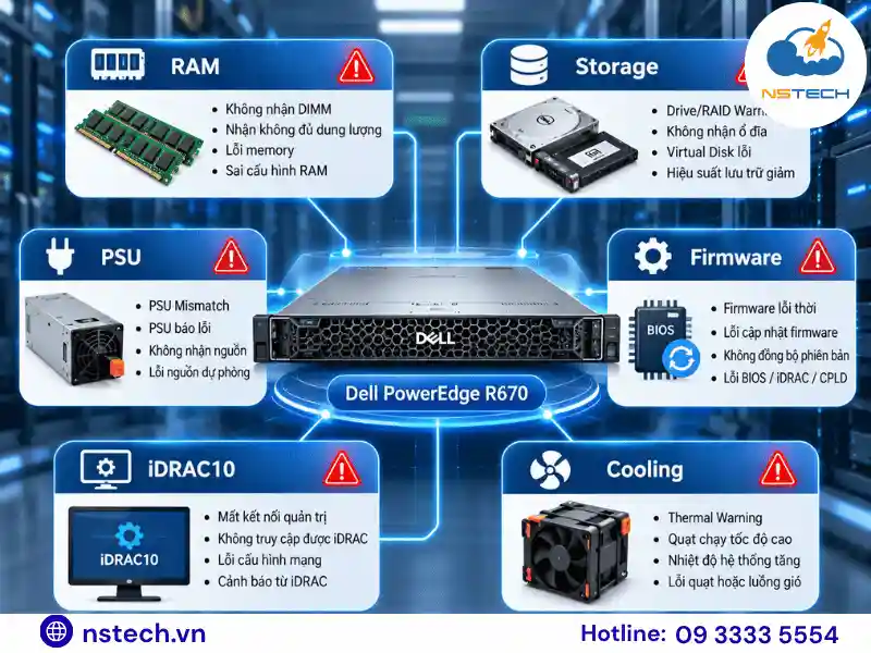6 nhóm lỗi chính trên Dell PowerEdge R670: RAM, Storage, PSU, Firmware, iDRAC10, Cooling