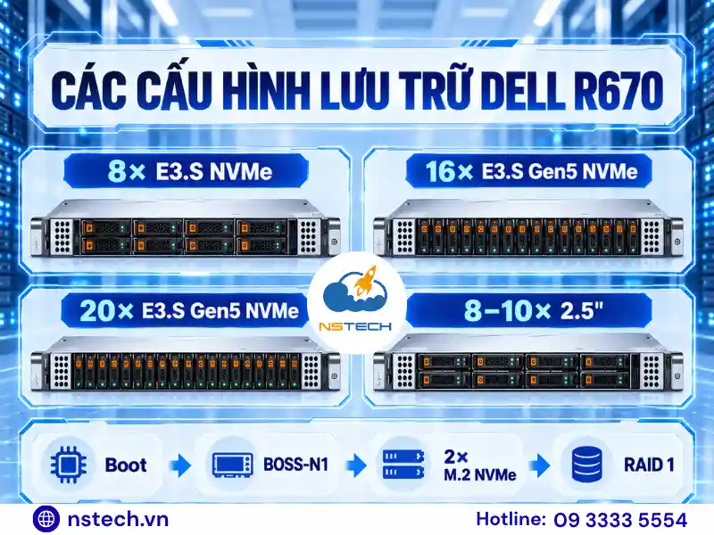 Thông số kỹ thuật & cấu hình Máy chủ Dell PowerEdge R670 Các tùy chọn cấu hình lưu trữ Dell PowerEdge R670