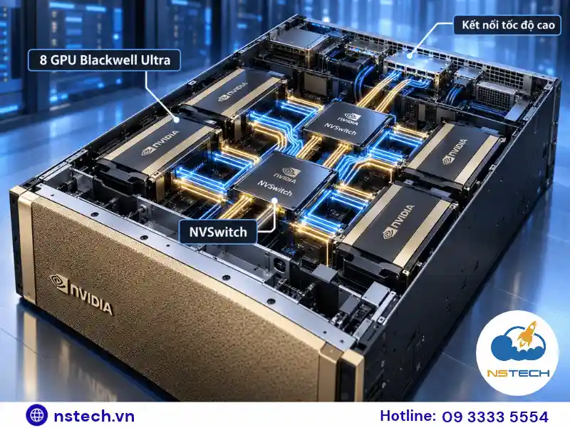 NVIDIA DGX B300 Là Gì? Tổng Quan Siêu Hệ Thống AI Blackwell Ultra Cấu trúc NVIDIA DGX B300 với GPU Blackwell Ultra, NVSwitch và hệ thống kết nối