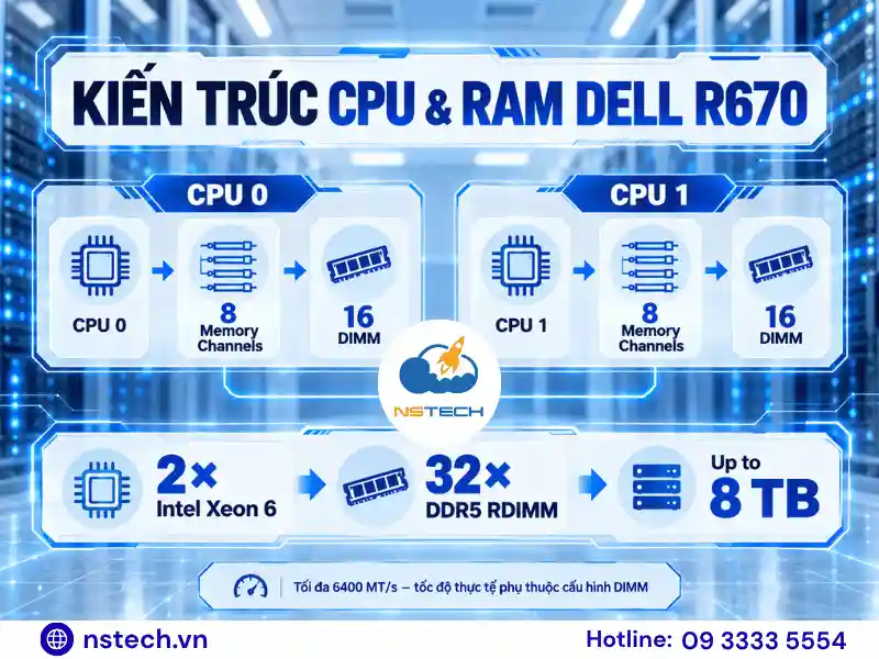 Thông số kỹ thuật & cấu hình Máy chủ Dell PowerEdge R670 Kiến trúc CPU và RAM Dell PowerEdge R670